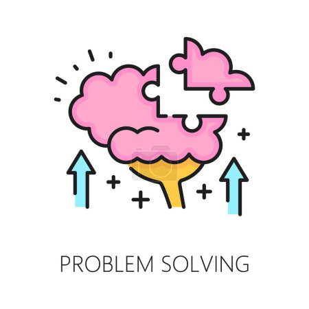 Illustration for Mental health icon, problem solving psychological disorder problems vector linear sign. Healthy brain with puzzle piece, represents mental wellbeing, resilience, and the ability to overcome challenges - Royalty Free Image