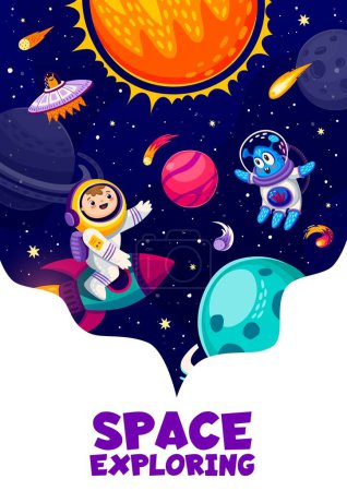 Illustration for Cartoon space poster with alien and kid astronaut, space planets and spaceship, vector galaxy background. Space exploring adventure for kids, planetary and universe discovery poster with alien UFO - Royalty Free Image
