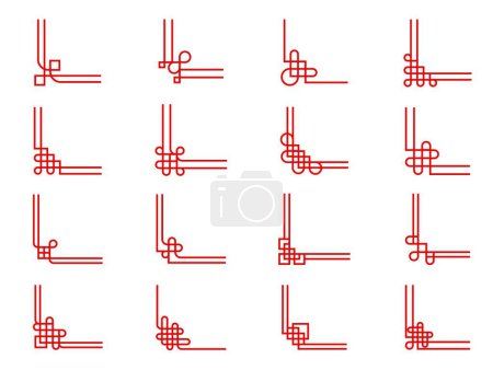 Illustration for Red oriental chinese knot corners. Asian chinese, japanese, korean frame borders. Chinese line ornament vector corners set with geometric elements and square loops, endless knot pattern frame borders - Royalty Free Image