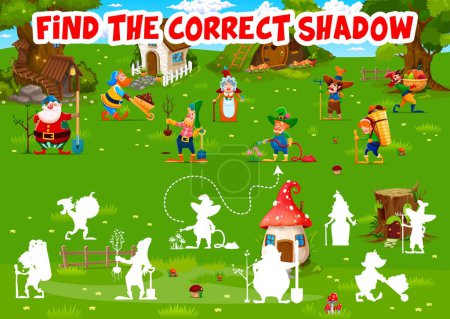 Illustration for Find correct shadow of cartoon fairytale funny gnomes at village, vector puzzle game. Kids worksheet for shadow match with cute dwarf gnomes in forest or garden village with fairy tale houses - Royalty Free Image