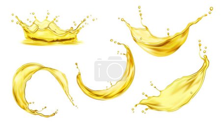 Illustration for Beer or soda drink, honey, oil or juice splashes. Realistic yellow liquid swirl, transparent wave flow and crown splash set with vector 3d gold drops and ripples, refreshment beverage or food ad - Royalty Free Image
