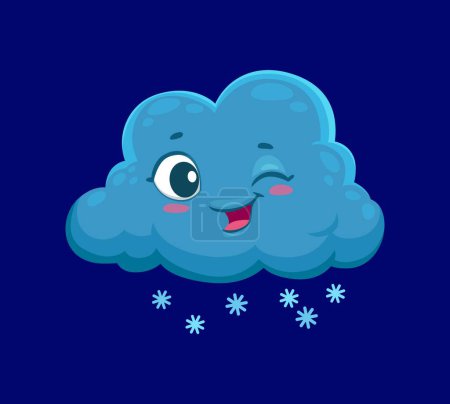 Illustration for Cartoon winter snow cloud cute weather character. Isolated vector fluffy cloud with falling snowflakes and friendly smiling face expression. Children book, game or meteorology forecast personage - Royalty Free Image