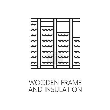 Illustration for Wooden frame and wall thermal insulation icon. House construction energy save and heat protection technology line sign, home facade insulation layer material outline vector symbol with wooden fame - Royalty Free Image