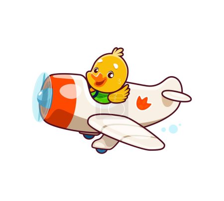 Illustration for Cartoon cute duck animal character on plane. Animal kid airplane pilot. Isolated vector cute little duckling flying on vintage biplane with propeller. Funny adorable personage for baby shower card - Royalty Free Image