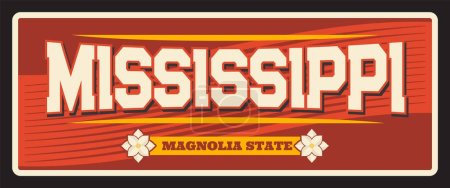 Ilustración de Mississippi vintage sign USA state travel plate, Jackson capital of magnolia state. Vector símbolo del estado de EE.UU. de turismo americano y viajar, valla publicitaria de la carretera, letrero de carretera - Imagen libre de derechos