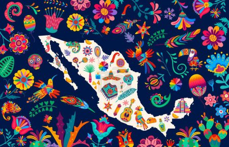 Illustration for Mexico map with tropical flowers, animals and birds, pinata and plants, vector background. Mexican travel landmarks, holiday culture, cuisine food and traditional art items on Mexico map ornaments - Royalty Free Image