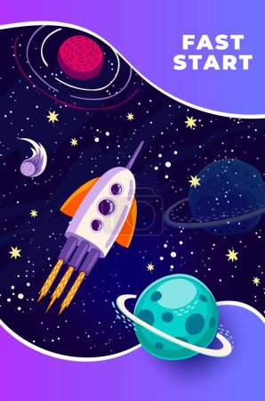 Téléchargez les illustrations : Vaisseau-fusée volant dans l'espace étoilé de la galaxie avec des planètes et des astéroïdes, affiche vectorielle de dessin animé. Début du lancement de fusée vers l'aventure spatiale dans le monde galactique extraterrestre et étoiles dans le ciel - en licence libre de droit