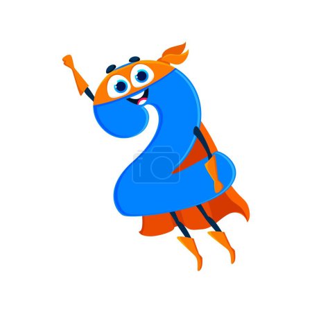 Illustration for Cartoon math number two superhero character with rounded body, smile, and big eyes. Isolated vector educational playful and cheerful 2 sign defender personage for kids preschool education, game or fun - Royalty Free Image