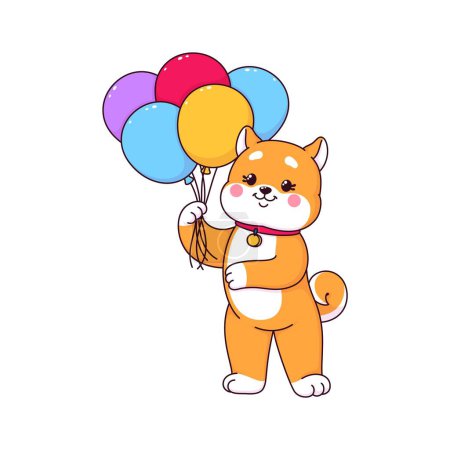 Illustration for Cartoon kawaii shiba inu dog and puppy character, cute pet holding vibrant balloons, radiating joy and playfulness. Isolated vector funny canine personage with playful and heartwarming presence - Royalty Free Image