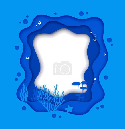 Téléchargez les illustrations : Cadre de coupe de papier avec vagues de mer bleues et algues sous-marines, fond d'eau de l'océan vecteur. Bordure sous-marine en papier découpé ou en couches découpées, espace de copie avec étoile de mer et algues marines - en licence libre de droit