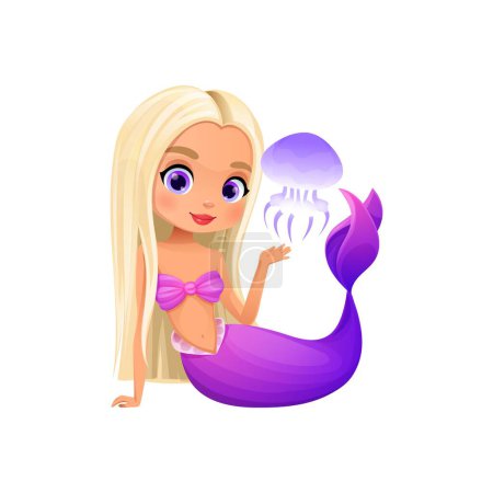Ilustración de Personaje de la sirena de dibujos animados, lindo pez chica o princesa del mar, vector aislado. Marine sirenita feliz con medusas bebé, fantasía submarina y sirena de dibujos animados submarinos con cola de pescado para niños - Imagen libre de derechos