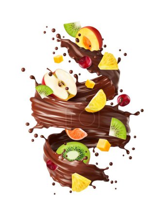 Illustration for Realistic chocolate milk swirl with ripe fruits, choco drink or sweet fruity splash vector background. Fruit mix apple, kiwi and orange with cranberry and pineapple or peach in chocolate swirl spiral - Royalty Free Image