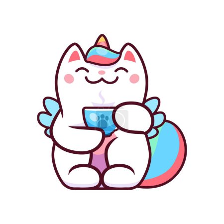 Illustration for Cartoon kawaii caticorn, cat unicorn drinking tea or coffee from cup, vector pet character. Kids cute caticorn kitty holding hot drink cup in paws, funny cat unicorn for kawaii emoji emoticon - Royalty Free Image