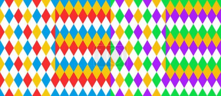 Illustration for Circus harlequin patterns, rhombus lozenge pattern. Vector seamless backgrounds of carnival clown and joker diamonds ornament. Geometric shapes of blue, green, red, white and yellow rhombus backdrop - Royalty Free Image