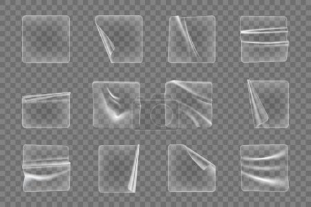 Ilustración de Adhesivo transparente pegatinas de plástico cuadradas y parches con textura arrugada, vector realista. Parches adhesivos y etiquetas adhesivas de película, pegatinas de lámina de plástico transparente arrugadas o peladas - Imagen libre de derechos