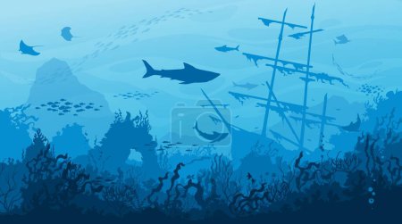 Illustration for Sunken sail ship, sharks and fish shoals on underwater landscape silhouette. Sea water waves and ocean coral reef bottom vector background with marine animals, seaweeds and old sailing boat - Royalty Free Image