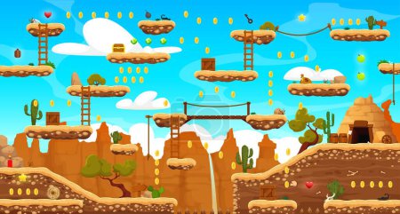 Ilustración de Wild west mapa de nivel de juego arcade con plataformas, rocas y montañas. Dibujos animados vector 2d desierto paisaje, ui fondo para ordenador o móvil. Cañón con cactus, activos, islas de salto o artículos de bonificación - Imagen libre de derechos