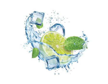 Illustration for Realistic mojito drink with lime fruit, ice cubes, splash and mint leaves. Cold and refreshing summer drink, mojito lemonade beverage isolated vector splash with ice, water wave, lemon slice and leaf - Royalty Free Image