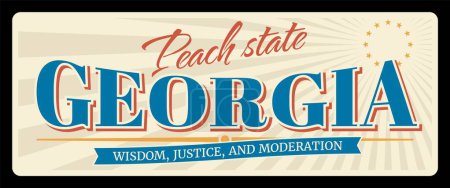 Illustration for Peach state Georgia vintage travel plate, signs for travel destination. Retro board with wisdom, justice, moderation lettering, antique signboard with typography, touristic landmark plaque - Royalty Free Image