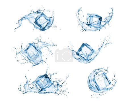 Illustration for Ice cubes and water splash. Isolated realistic 3d vector crystal blocks. Drink with clean, square lumps, frozen water, alcohol or cocktail set. Transparent pieces with liquid jets on white background - Royalty Free Image