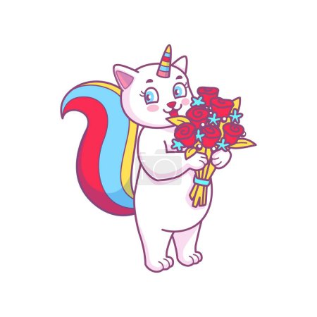 Illustration for Cute cartoon caticorn with flower bouquet, fairy character cat and unicorn fantasy animal. Playful kitten with rainbow tail, sweet magical caticorn - Royalty Free Image