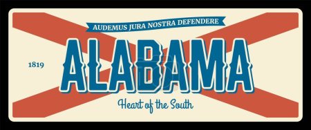Illustration for Alabama US american state vector metal plate, road sign, signpost or card. United State flag, vintage typography and frame vector. Heart of the south, Audemus jura nostra defendere. Montgomery capital - Royalty Free Image