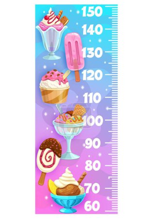 Ilustración de Gráfico de altura de los niños medir regla con helado de helado de dibujos animados, cono de vainilla, medidor de crecimiento de vectores. Helado de helado y barra de chocolate, cucharadas de vainilla en cono de oblea en regla de medida alta bebé - Imagen libre de derechos