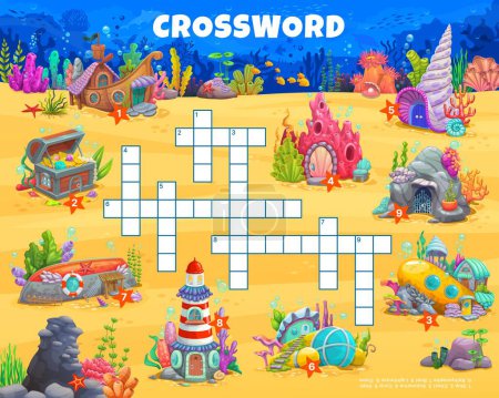 Illustration for Crossword quiz game with underwater cartoon house buildings. Wordsearch playing activity, crossword kids puzzle vector worksheet with treasure chest, sunken ship, shell and lighthouse, submarine house - Royalty Free Image