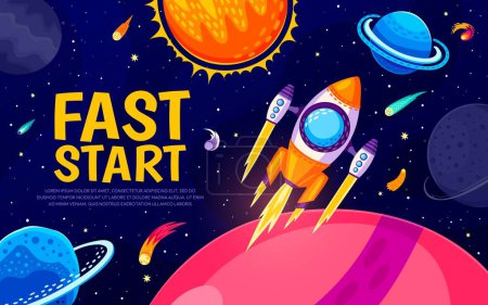 Illustration for Business fast start, rocket launch and cartoon galaxy space landscape, vector background. Spaceship startup to space planets in starry sky for business project launch or corporate campaign website - Royalty Free Image
