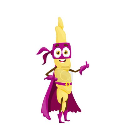 Illustration for Cartoon gemelli italian pasta food superhero character. Isolated vector whimsical super hero personage, wearing a colorful purple cape, showing thumb up, and using noodle-themed powers to save the day - Royalty Free Image