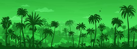Illustration for Tropical jungle forest landscape, rainforest silhouette. Tropical forest flora and fauna, Amazon rainforest scenery or national park nature environment vector background. African jungle landscape - Royalty Free Image