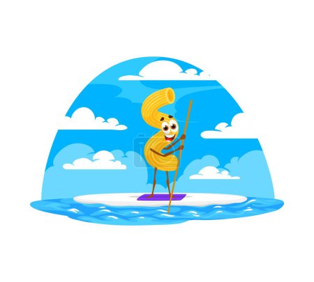 Illustration for Cartoon cavatappi pasta character with sup board on summer beach vacation. Happy italian macaroni vector personage riding sea waves with stand up paddle board, summer holiday recreational activity - Royalty Free Image