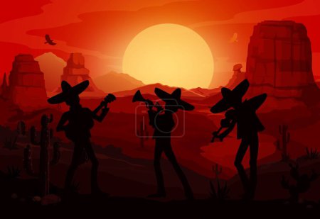 Ilustración de Músicos mexicanos de mariachis siluetas en Wild West desierto puesta de sol, vector de fondo. Banda de música mexicana en sombreros con guitarra, violín y trompeta tocando música mariachi en desierto mexicano - Imagen libre de derechos