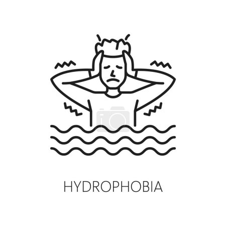 Illustration for Human hydrophobia phobia icon, mental health. Fear of drinking fluids, mental disorder outline vector pictogram. People psychology problem thin line icon or sign with worried, stressed man - Royalty Free Image