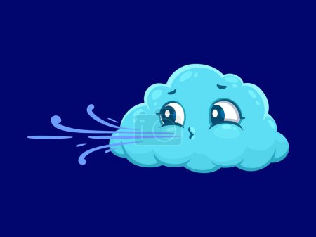 Téléchargez les illustrations : Caricature mignon caractère météo du vent, vecteur isolé bleu clair nuage fantaisiste soufflant l'air tourbillonnant coule de la bouche. Personnage gonflé ludique, énergique et respectueux de l'environnement pour les prévisions de vent - en licence libre de droit