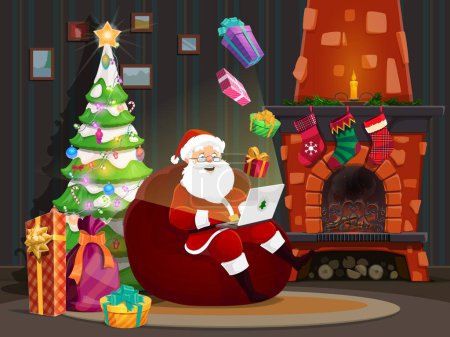 Illustration for Cartoon Christmas Santa near fireplace and holiday pine tree with laptop. Vector scene with father Noel seated with his iconic red suit, white beard, and hat, busy with notebook for tech-savvy xmas - Royalty Free Image