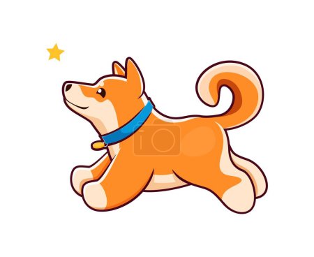 Ilustración de Dibujos animados feliz perro Shiba Inu, lindo personaje de mascota kawaii estrella de captura, vector animal. Niños divertido personaje de lindo perro cachorro Shiba Inu con correr y saltar después de la estrella, bebé mascota o emoticono emoji - Imagen libre de derechos