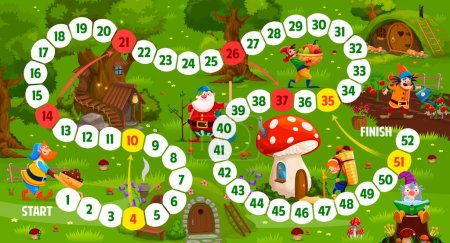 Illustration for Kids step board game. Cartoon gnome and elf characters at fairytale village. Dice game, racing playing activity vector worksheet with fantasy house, gnomes cute personages working in garden and farm - Royalty Free Image