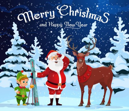 Téléchargez les illustrations : Noël Le Père Noël se tient debout avec des skis, des elfes et des cerfs, prêts à embarquer pour un voyage magique de Noël à travers un paysage enneigé. Salutation vectorielle avec dessin animé Noel, rennes fidèles et personnages gnomes dans la forêt - en licence libre de droit