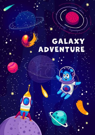 Illustration for Galaxy adventure poster with cartoon alien in starry space with rockets, vector background. Outer space fantasy and galactic adventure with spaceflight of martian alien to sun or planets in starry sky - Royalty Free Image