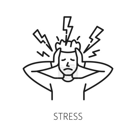 Stress, psychological disorder problem and mental health icon in vector outline. Psychology, human mind and emotional state of person in stress and anxiety, mental problem and disorder line symbol