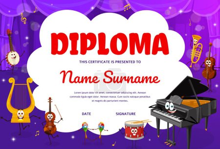 Illustration for Musical diploma with cartoon instruments characters on the stage. Kids musical education success or achievement vector diploma with banjo, lyre, violin, maracas and drum, piano, cello cute personages - Royalty Free Image