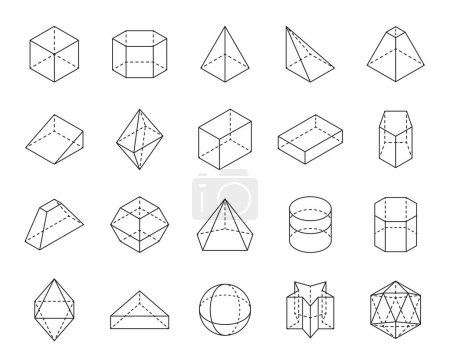 Téléchargez les illustrations : Décrivez des icônes de forme géométrique. Géométrie et mathématiques figures régulières de lignes dimensionnelles 3D, prisme vectoriel isolé, cône, hexagone et icosaèdre, étoile, hexagone, sphère et cylindre, octaèdre - en licence libre de droit