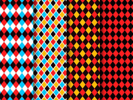 Illustration for Circus red and black harlequin patterns, rhombus lozenge pattern of retro carnival, fun fair, chapiteau or masquerade vector backgrounds set. Abstract geometric ornament of color rhombus and diamonds - Royalty Free Image