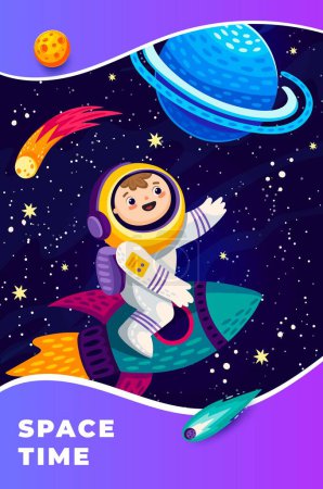 Illustration for Cartoon kid astronaut on space rocket flying to galaxy planets in starry sky, vector poster. Outer space adventure background with kid spaceman on spaceship in galactic stars with asteroids and comets - Royalty Free Image