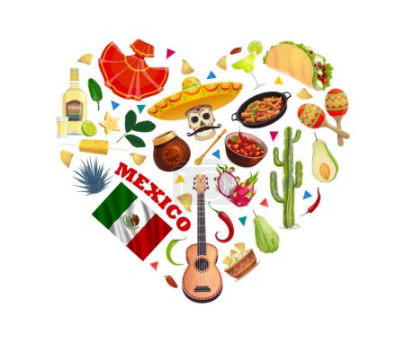 Téléchargez les illustrations : Love Mexico forme de coeur avec drapeau mexicain dessin animé, nourriture et instruments de musique. Crâne vectoriel de calavera, sombrero, guitare et maracas, tequila, chili, cactus et tex mex taco, margarita et nachos - en licence libre de droit