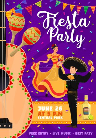Illustration for Mexican fiesta party flyer. Dancing woman and mariachi musician, maracas and musical guitar, tequila, confetti and bunting flags. Vector poster for Cinco de Mayo or Day of the Dead mexican holiday - Royalty Free Image