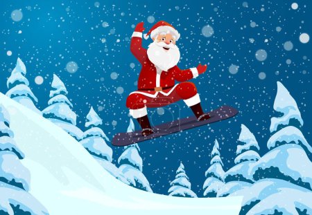 Illustration for Christmas Santa character on snowboard. Vector Claus glides down snowy slopes with joy, his red suit contrasting against the pristine white backdrop, spreading holiday cheer through extreme winter fun - Royalty Free Image