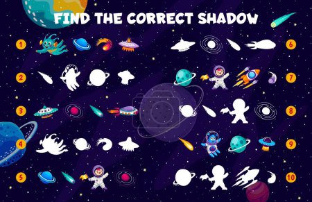 Illustration for Find a correct shadow of space planets, spaceship, alien and astronaut. Shadow match kids game vector worksheet with galaxy planets, kid astronaut and alien UFO, rocket and comets in outer space - Royalty Free Image