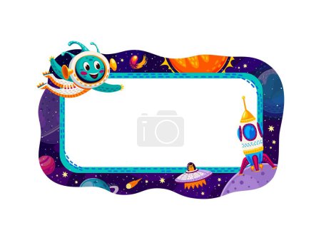 Illustration for Border frame with space planets, stars and spaceship, kid astronaut and alien, cartoon vector. Starry galaxy frame with copy space background, spaceman and alien UFO in space flight to galaxy planets - Royalty Free Image